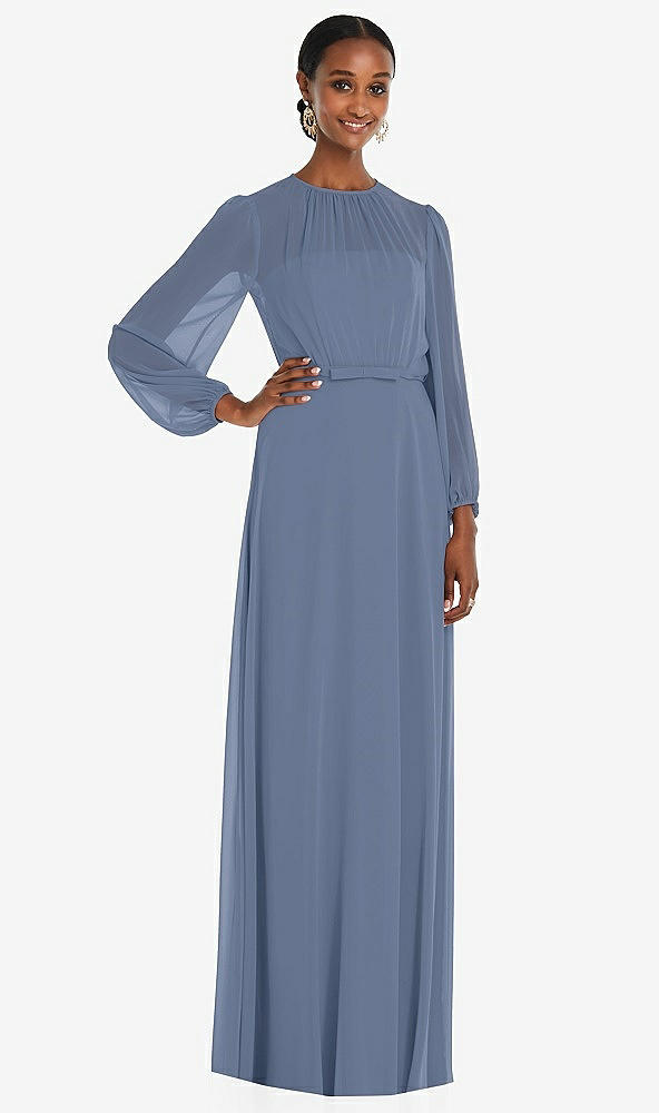 Front View - Larkspur Blue Strapless Chiffon Maxi Dress with Puff Sleeve Blouson Overlay 