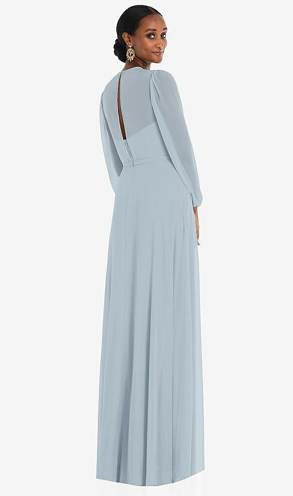 Back View - Mist Strapless Chiffon Maxi Dress with Puff Sleeve Blouson Overlay 