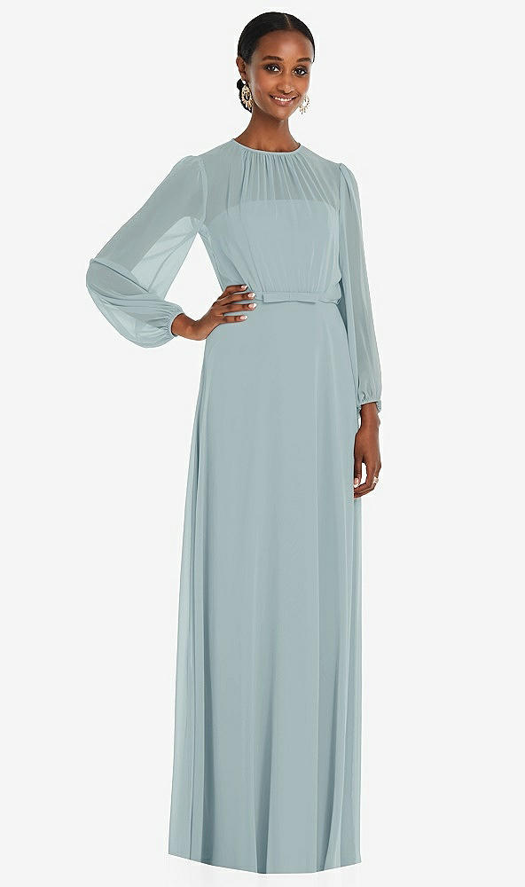 Front View - Morning Sky Strapless Chiffon Maxi Dress with Puff Sleeve Blouson Overlay 