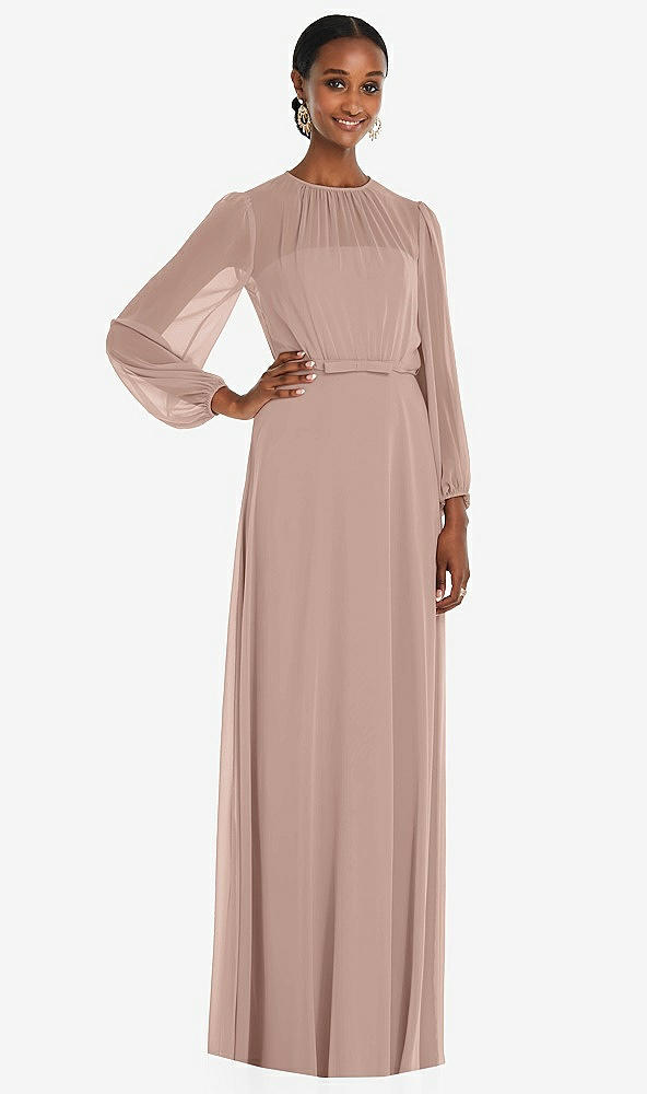 Front View - Neu Nude Strapless Chiffon Maxi Dress with Puff Sleeve Blouson Overlay 