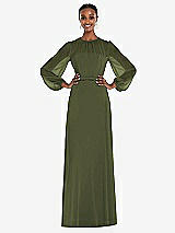 Alt View 1 Thumbnail - Olive Green Strapless Chiffon Maxi Dress with Puff Sleeve Blouson Overlay 