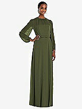 Front View Thumbnail - Olive Green Strapless Chiffon Maxi Dress with Puff Sleeve Blouson Overlay 