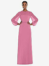 Alt View 1 Thumbnail - Orchid Pink Strapless Chiffon Maxi Dress with Puff Sleeve Blouson Overlay 