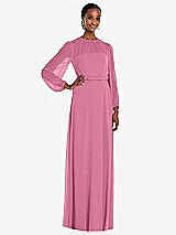 Front View Thumbnail - Orchid Pink Strapless Chiffon Maxi Dress with Puff Sleeve Blouson Overlay 