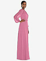 Side View Thumbnail - Orchid Pink Strapless Chiffon Maxi Dress with Puff Sleeve Blouson Overlay 