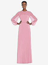 Alt View 1 Thumbnail - Peony Pink Strapless Chiffon Maxi Dress with Puff Sleeve Blouson Overlay 