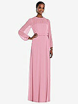 Front View Thumbnail - Peony Pink Strapless Chiffon Maxi Dress with Puff Sleeve Blouson Overlay 
