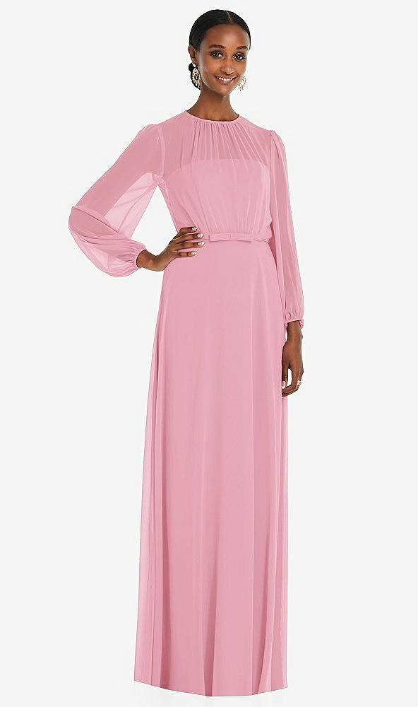 Front View - Peony Pink Strapless Chiffon Maxi Dress with Puff Sleeve Blouson Overlay 