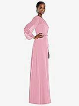 Side View Thumbnail - Peony Pink Strapless Chiffon Maxi Dress with Puff Sleeve Blouson Overlay 
