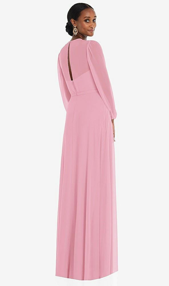 Back View - Peony Pink Strapless Chiffon Maxi Dress with Puff Sleeve Blouson Overlay 