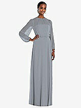 Front View Thumbnail - Platinum Strapless Chiffon Maxi Dress with Puff Sleeve Blouson Overlay 
