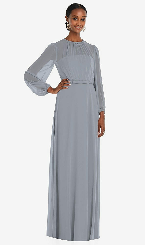 Front View - Platinum Strapless Chiffon Maxi Dress with Puff Sleeve Blouson Overlay 