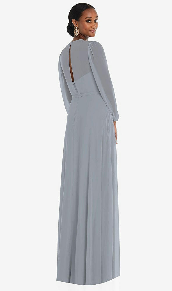 Back View - Platinum Strapless Chiffon Maxi Dress with Puff Sleeve Blouson Overlay 