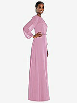 Side View Thumbnail - Powder Pink Strapless Chiffon Maxi Dress with Puff Sleeve Blouson Overlay 