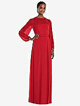 Front View Thumbnail - Parisian Red Strapless Chiffon Maxi Dress with Puff Sleeve Blouson Overlay 