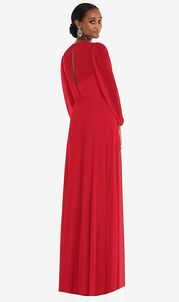 Back View - Parisian Red Strapless Chiffon Maxi Dress with Puff Sleeve Blouson Overlay 