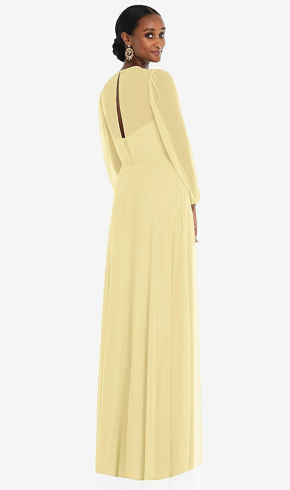 Back View - Pale Yellow Strapless Chiffon Maxi Dress with Puff Sleeve Blouson Overlay 