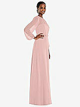 Side View Thumbnail - Rose - PANTONE Rose Quartz Strapless Chiffon Maxi Dress with Puff Sleeve Blouson Overlay 