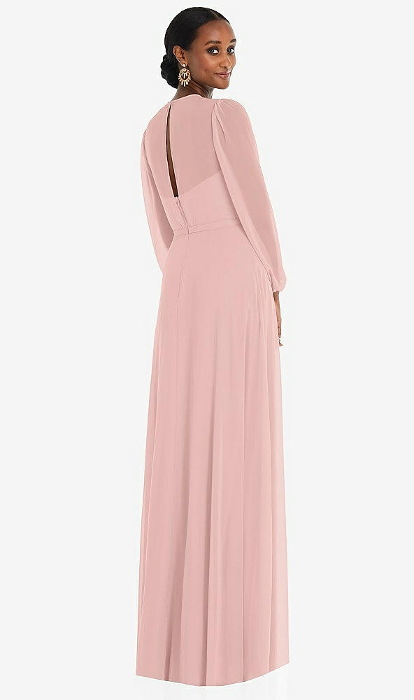 Back View - Rose - PANTONE Rose Quartz Strapless Chiffon Maxi Dress with Puff Sleeve Blouson Overlay 