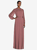 Front View Thumbnail - Rosewood Strapless Chiffon Maxi Dress with Puff Sleeve Blouson Overlay 
