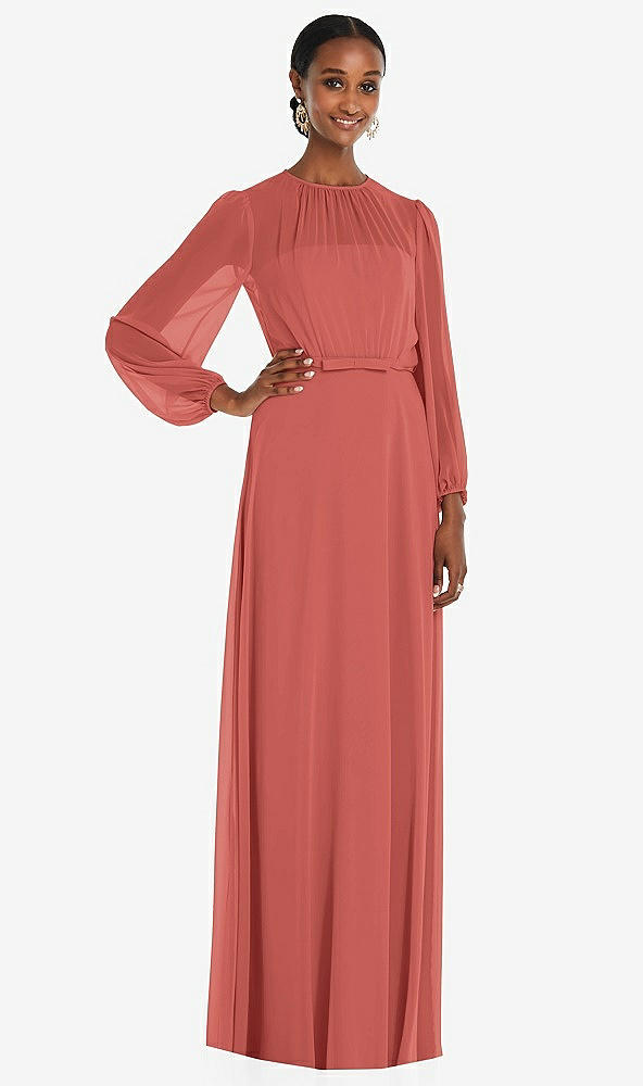 Front View - Coral Pink Strapless Chiffon Maxi Dress with Puff Sleeve Blouson Overlay 