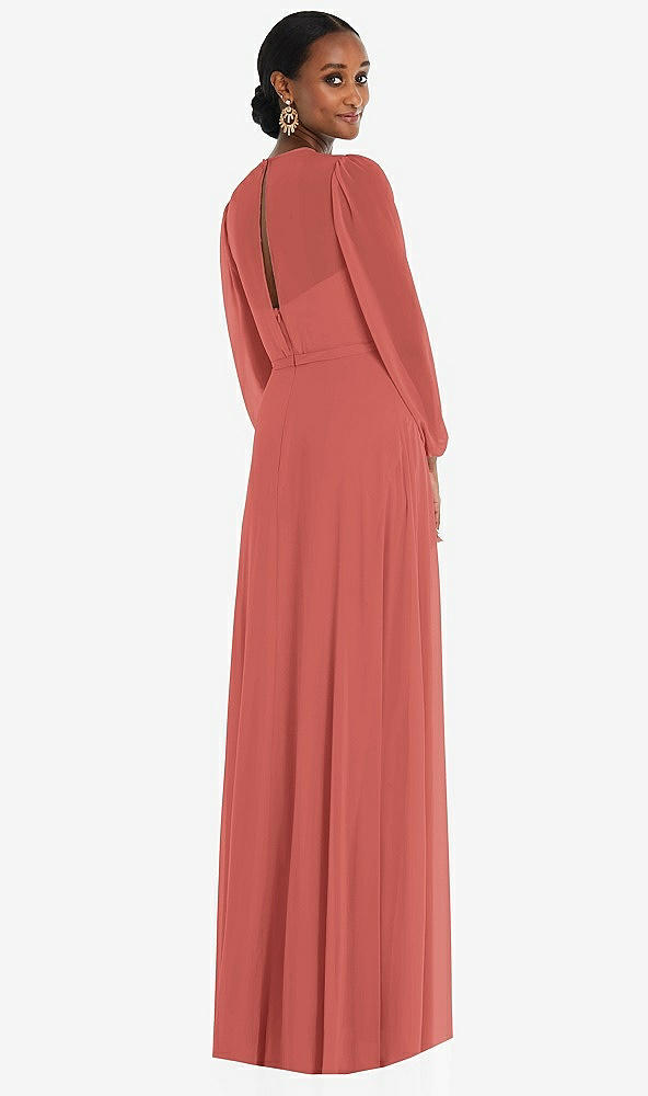 Back View - Coral Pink Strapless Chiffon Maxi Dress with Puff Sleeve Blouson Overlay 