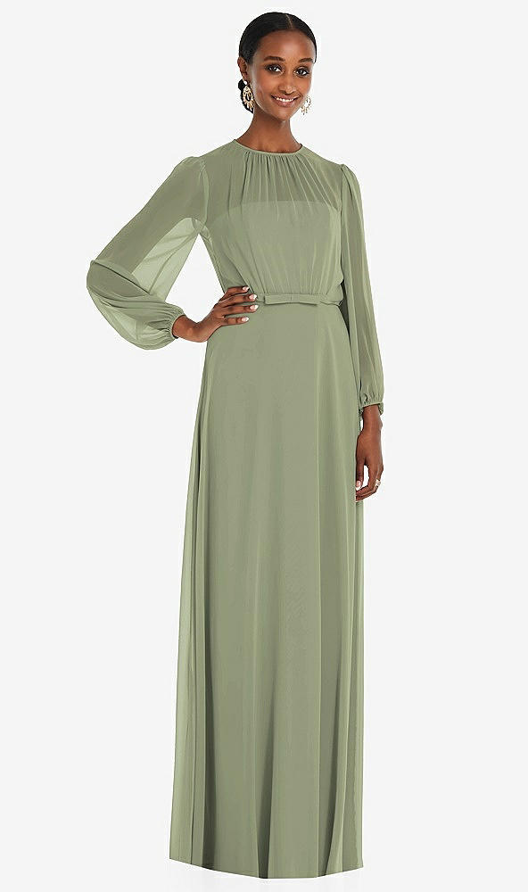 Front View - Sage Strapless Chiffon Maxi Dress with Puff Sleeve Blouson Overlay 