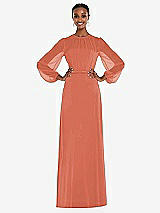 Alt View 1 Thumbnail - Terracotta Copper Strapless Chiffon Maxi Dress with Puff Sleeve Blouson Overlay 