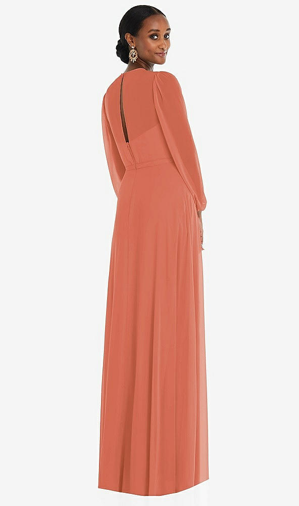 Back View - Terracotta Copper Strapless Chiffon Maxi Dress with Puff Sleeve Blouson Overlay 