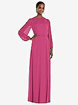 Front View Thumbnail - Tea Rose Strapless Chiffon Maxi Dress with Puff Sleeve Blouson Overlay 