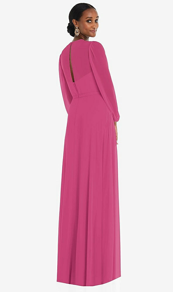 Back View - Tea Rose Strapless Chiffon Maxi Dress with Puff Sleeve Blouson Overlay 
