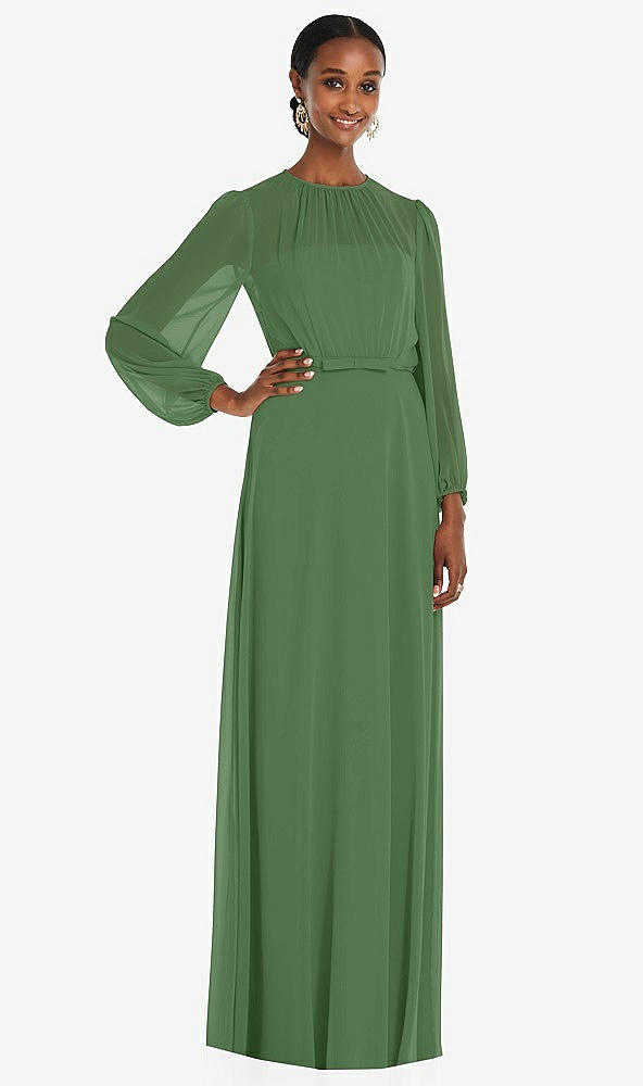 Front View - Vineyard Green Strapless Chiffon Maxi Dress with Puff Sleeve Blouson Overlay 