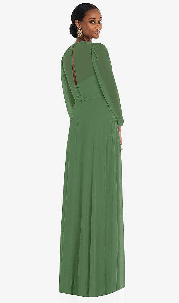 Back View - Vineyard Green Strapless Chiffon Maxi Dress with Puff Sleeve Blouson Overlay 