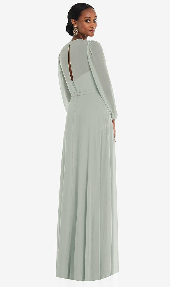 Back View - Willow Green Strapless Chiffon Maxi Dress with Puff Sleeve Blouson Overlay 