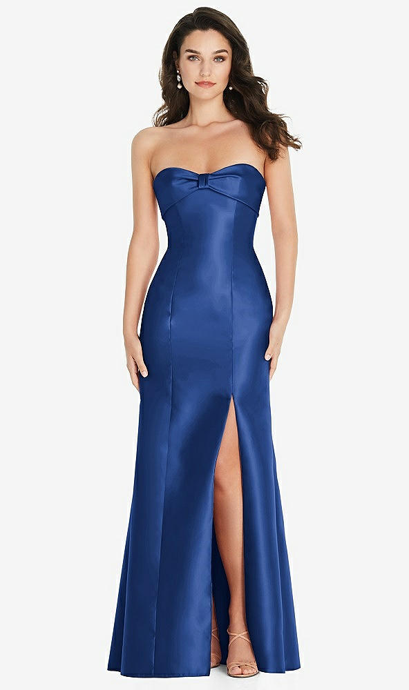 Front View - Classic Blue Bow Cuff Strapless Princess Waist Trumpet Gown