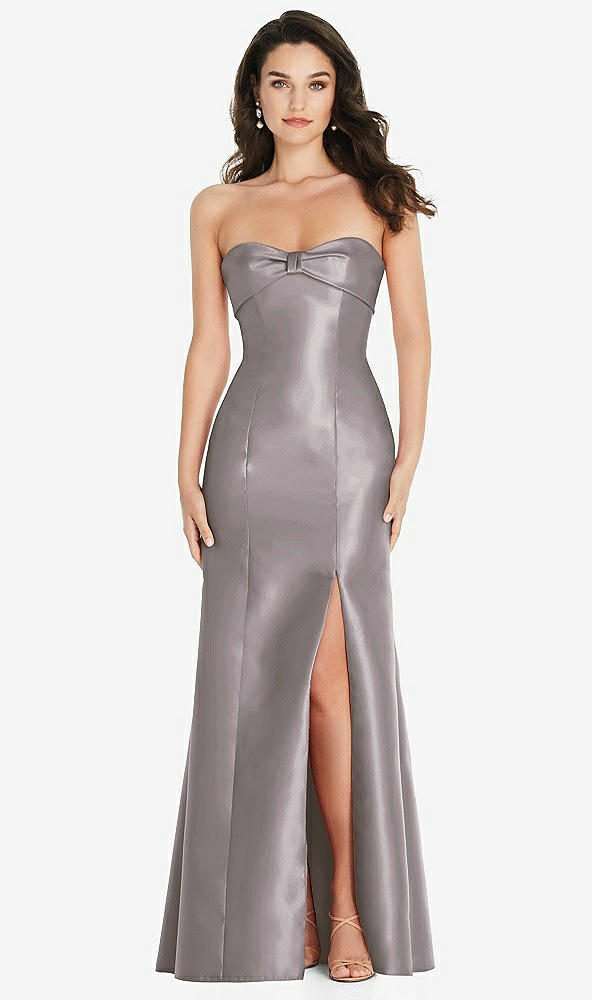 Front View - Cashmere Gray Bow Cuff Strapless Princess Waist Trumpet Gown