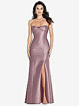 Front View Thumbnail - Dusty Rose Bow Cuff Strapless Princess Waist Trumpet Gown
