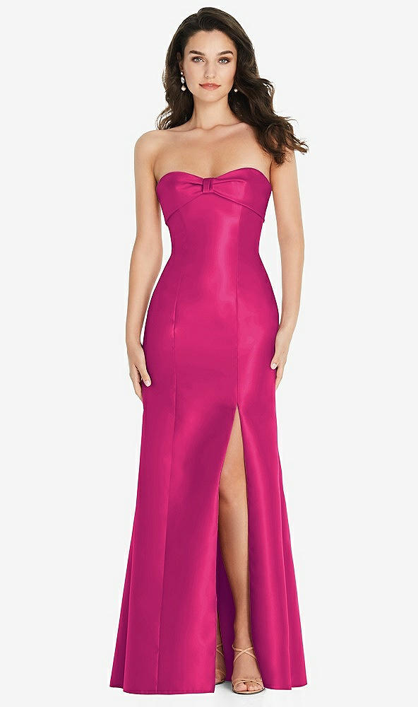 Front View - Think Pink Bow Cuff Strapless Princess Waist Trumpet Gown