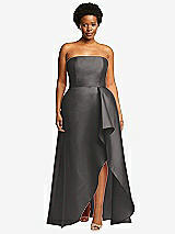 Front View Thumbnail - Caviar Gray Strapless Satin Gown with Draped Front Slit and Pockets
