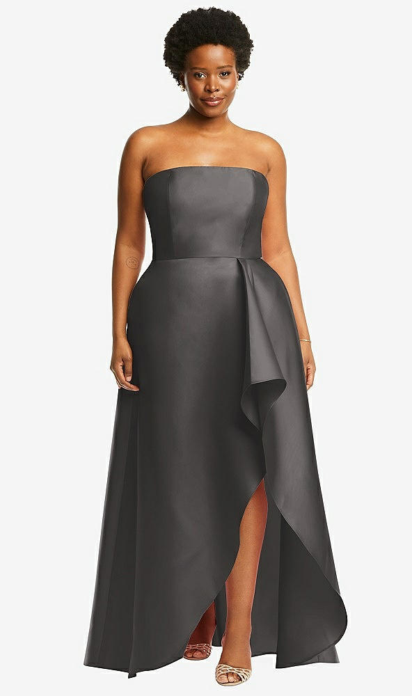 Front View - Caviar Gray Strapless Satin Gown with Draped Front Slit and Pockets
