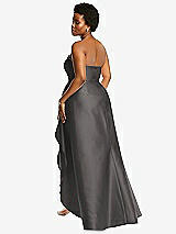 Rear View Thumbnail - Caviar Gray Strapless Satin Gown with Draped Front Slit and Pockets
