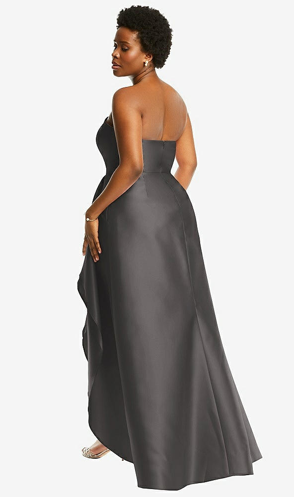 Back View - Caviar Gray Strapless Satin Gown with Draped Front Slit and Pockets