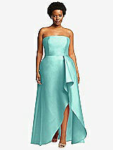 Front View Thumbnail - Coastal Strapless Satin Gown with Draped Front Slit and Pockets
