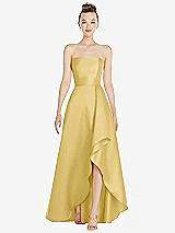 Alt View 1 Thumbnail - Maize Strapless Satin Gown with Draped Front Slit and Pockets