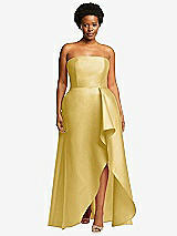 Front View Thumbnail - Maize Strapless Satin Gown with Draped Front Slit and Pockets