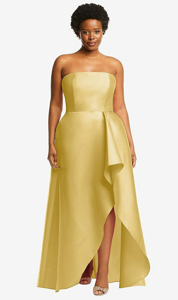 Front View - Maize Strapless Satin Gown with Draped Front Slit and Pockets