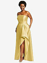 Side View Thumbnail - Maize Strapless Satin Gown with Draped Front Slit and Pockets