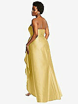 Rear View Thumbnail - Maize Strapless Satin Gown with Draped Front Slit and Pockets