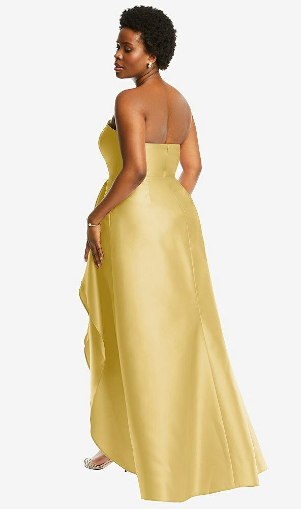 Back View - Maize Strapless Satin Gown with Draped Front Slit and Pockets