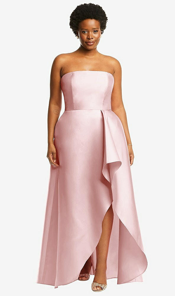 Front View - Ballet Pink Strapless Satin Gown with Draped Front Slit and Pockets